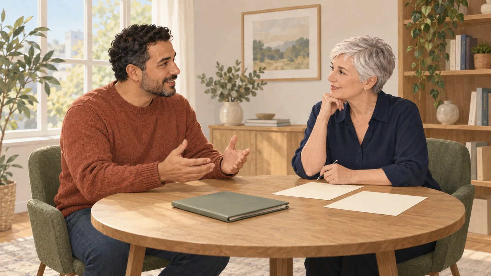 Desktop illustration: Two adults talk across a round wooden table with a closed sage folder and two blank sheets beside a bright window. Mobile illustration: A woman in a mustard cardigan sits at a wooden desk with an open notebook and pen, looking toward a bright window.