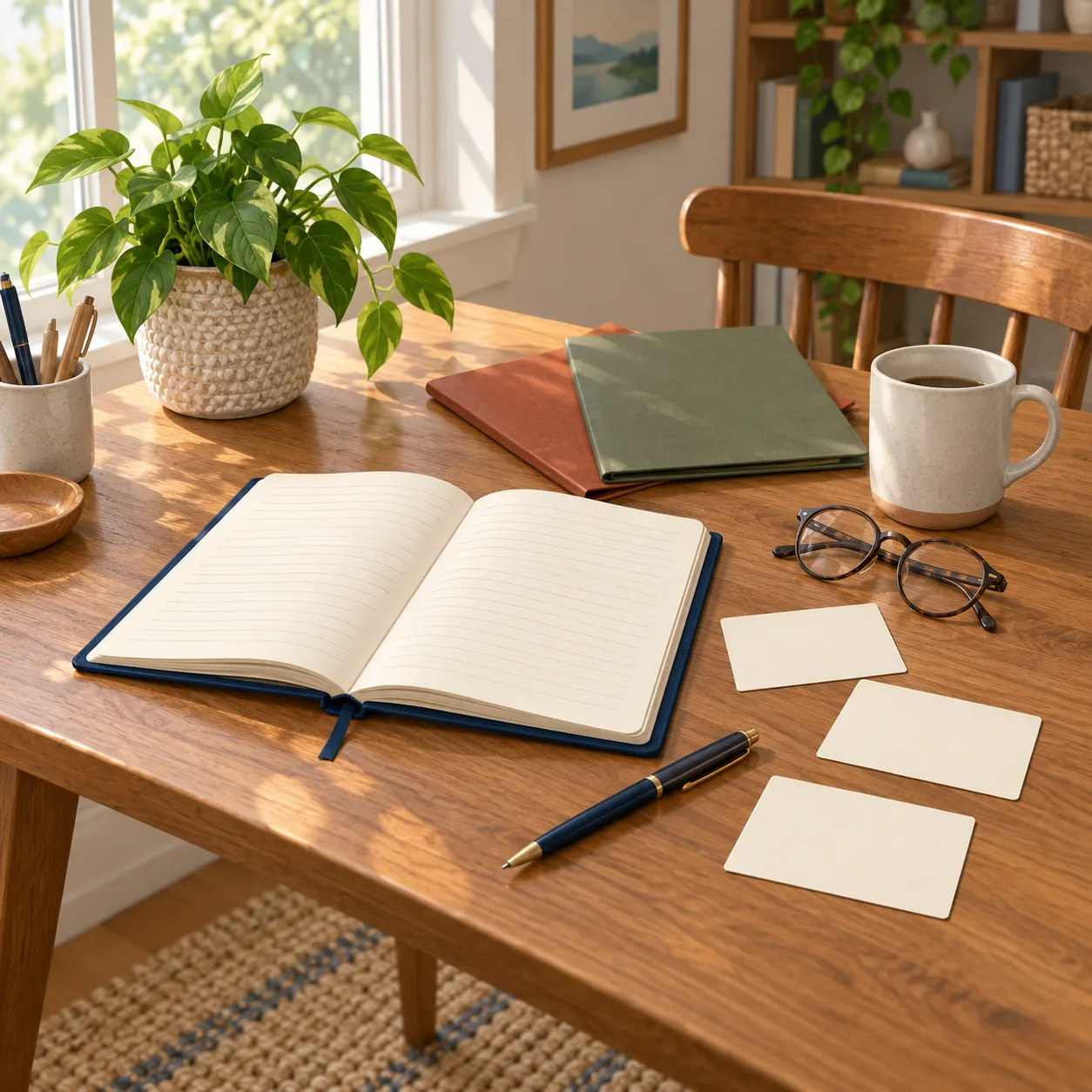 An open notebook, three blank cards, a pen, two closed folders, glasses and a mug sit on a sunlit wooden desk.