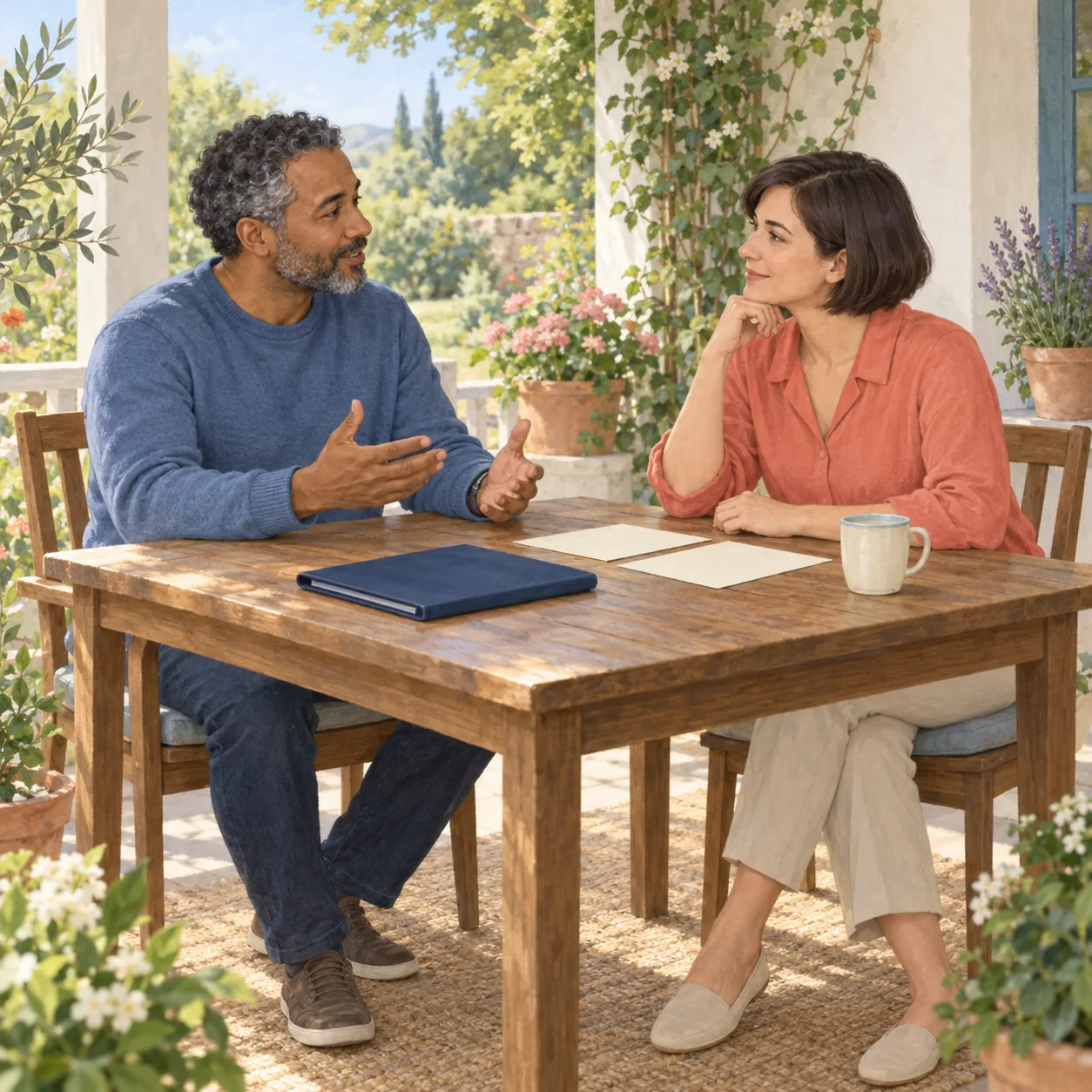 Two adults in blue and coral clothing talk at a wooden veranda table with two blank sheets, a closed navy folder and a mug.