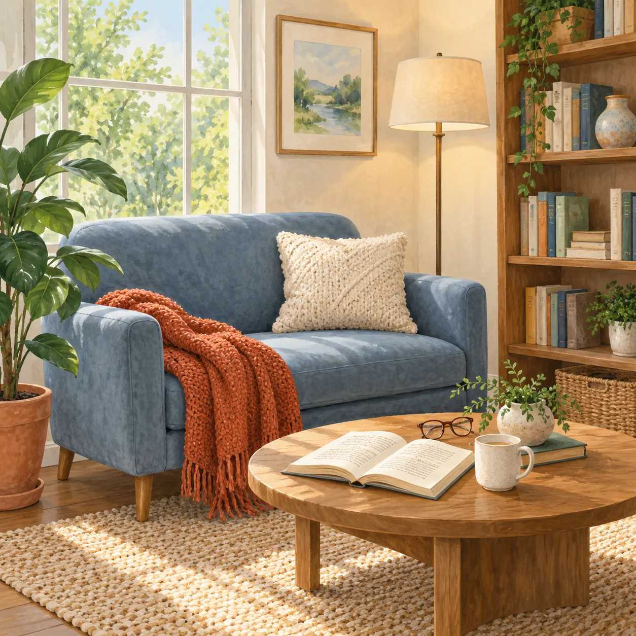 A blue loveseat sits beside a round wooden table with an open book, glasses and a mug in a sunlit reading corner.