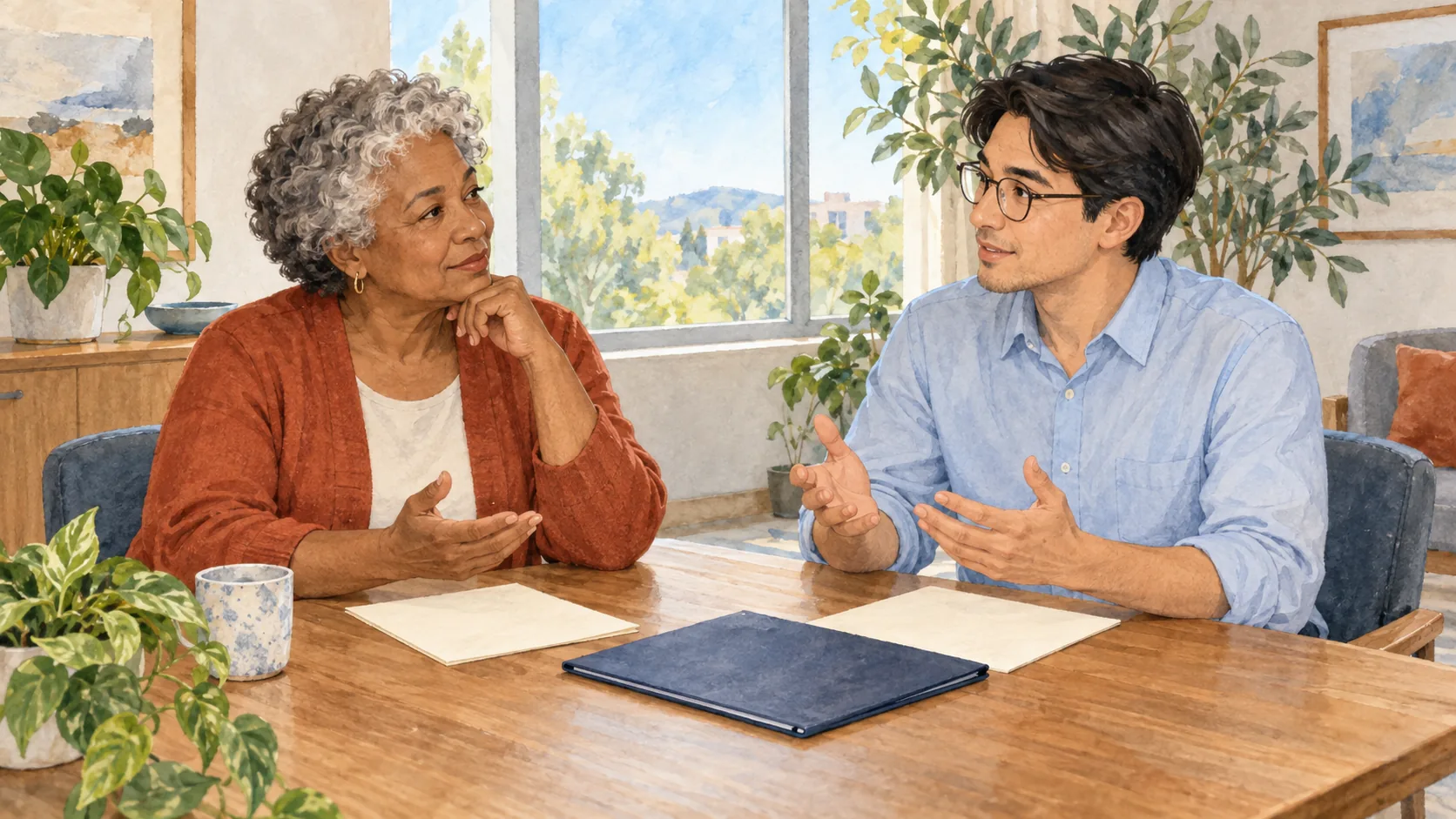 Desktop illustration: Two fully clothed adults converse across a wooden table with two blank cream sheets, a closed navy folder-like object and a blue-and-white cup-like vessel. Mobile illustration: A fully clothed adult holds a pen beside an open blank notebook-like object, mug and closed rust folder-like object at a wooden desk near a bright window.
