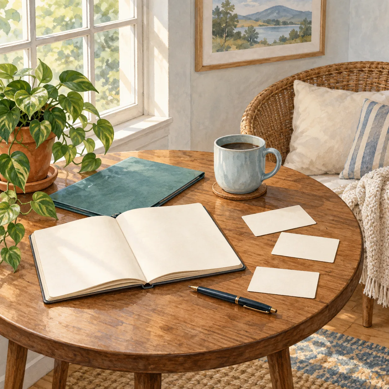 An open blank notebook-like object, three blank cards, a pen, closed teal folder-like object and pale-blue mug on a round wooden table beside a woven chair and bright window.