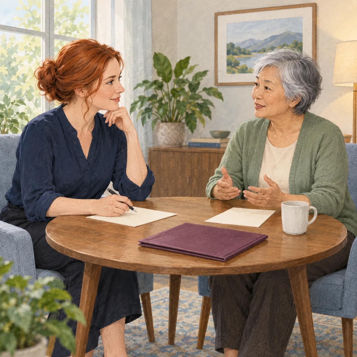 Two fully clothed adults converse across a round wooden table with two blank cream sheets, a pen, a closed plum folder-like object and a pale mug.