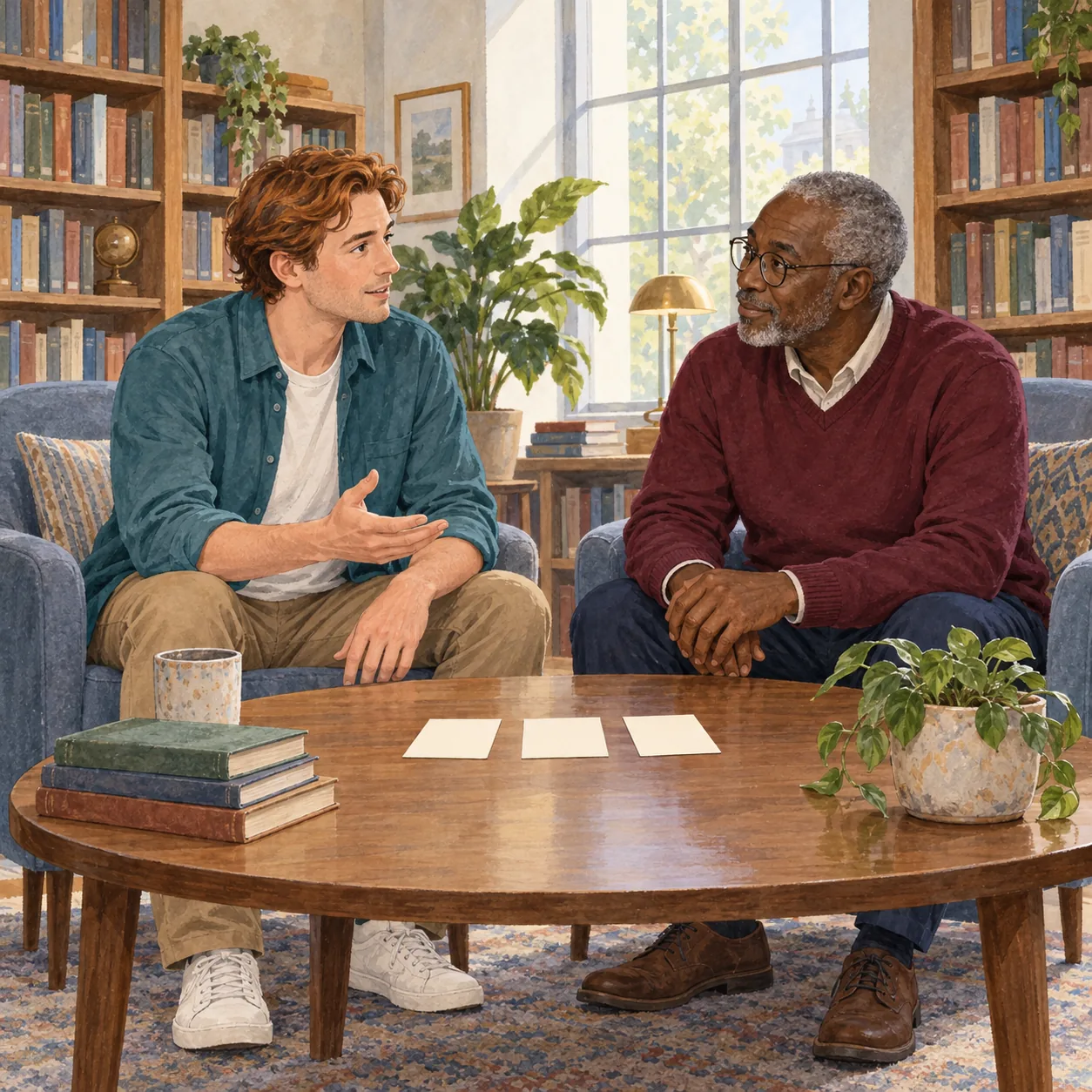 Two fully clothed adults converse in blue armchairs behind a wooden table with three blank cards, stacked closed book-like objects, a cup-like vessel and plant.