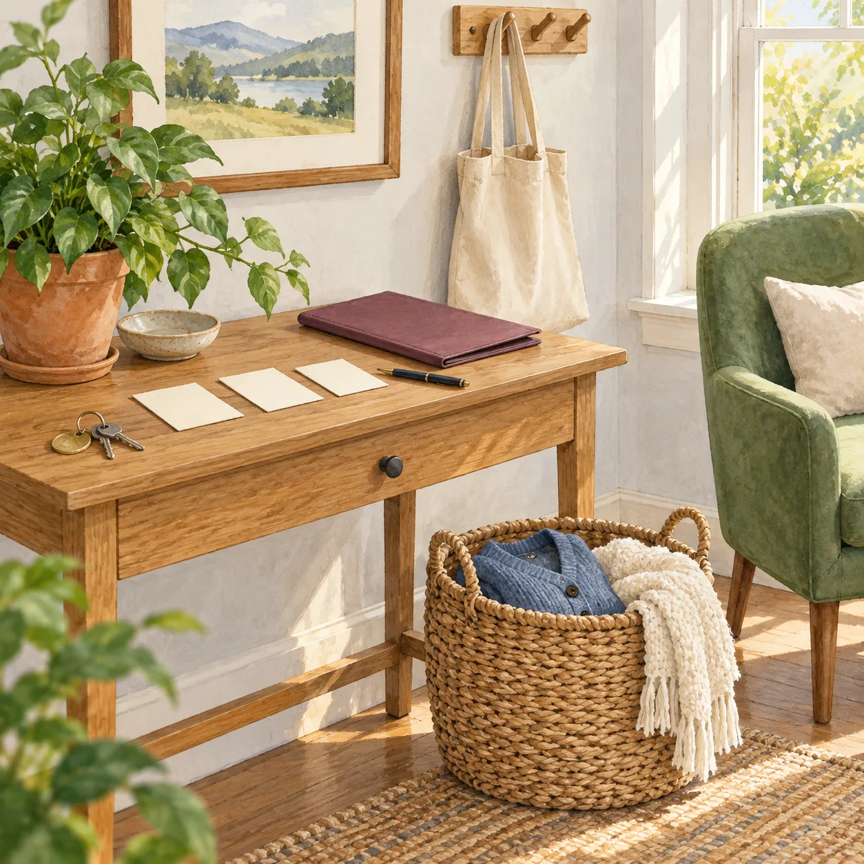 Three blank cards, keys, a pen and closed plum folder-like object on a wooden console beside a hanging cream tote and basket with folded knitted textiles.