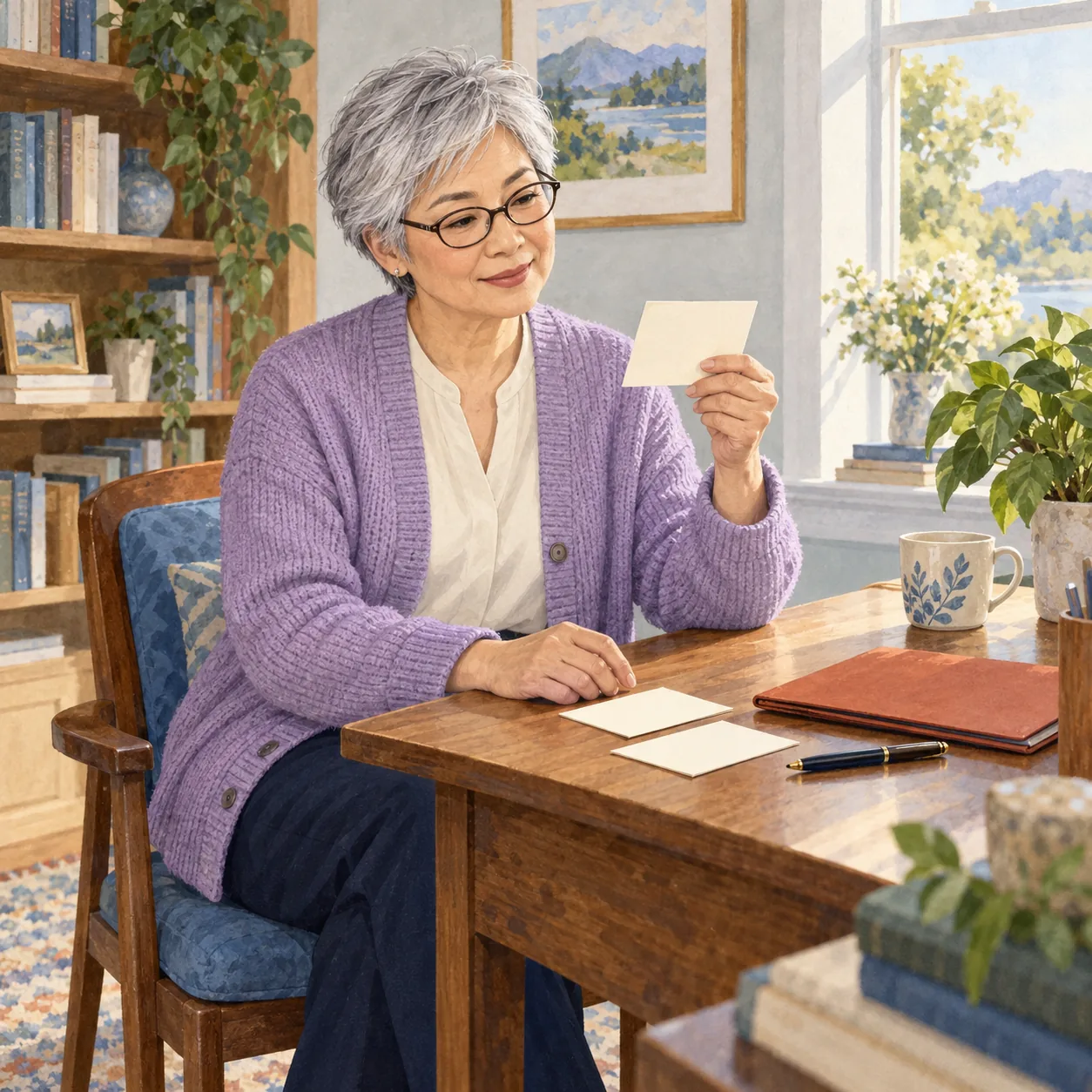 A fully clothed adult with silver hair and glasses holds a blank card at a wooden desk beside two blank cards, a closed rust folder-like object, pen and patterned mug.