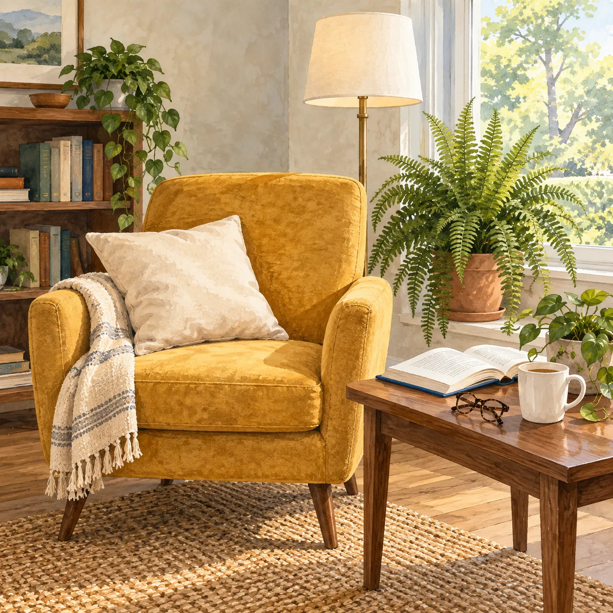 An empty mustard armchair beside a wooden table with an open book-like object, folded patterned glasses, pale mug and plants in a bright room.