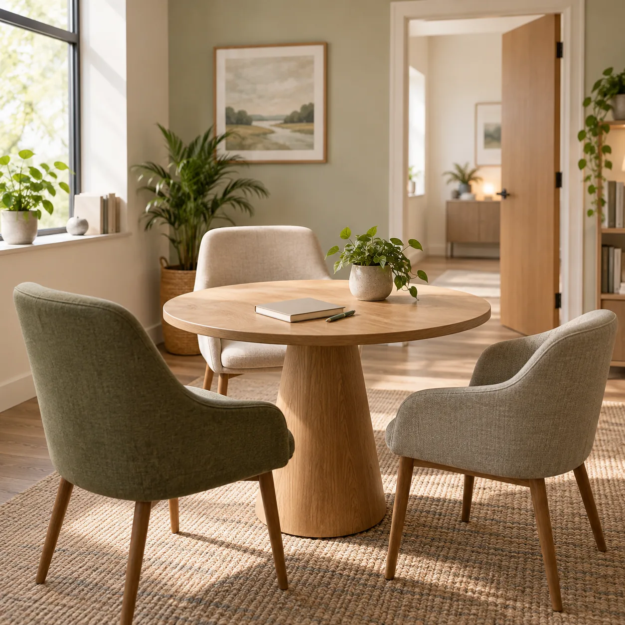 Three empty chairs around a round table with a closed notebook and pen in a quiet room.