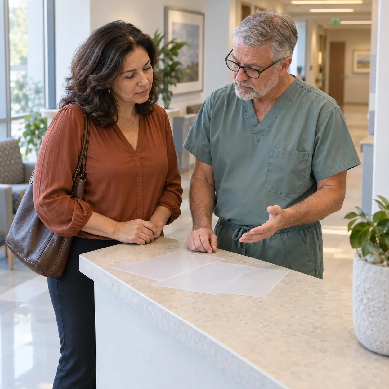 A woman and an adult in green scrubs look at overlapping blank sheets on a clinic counter.