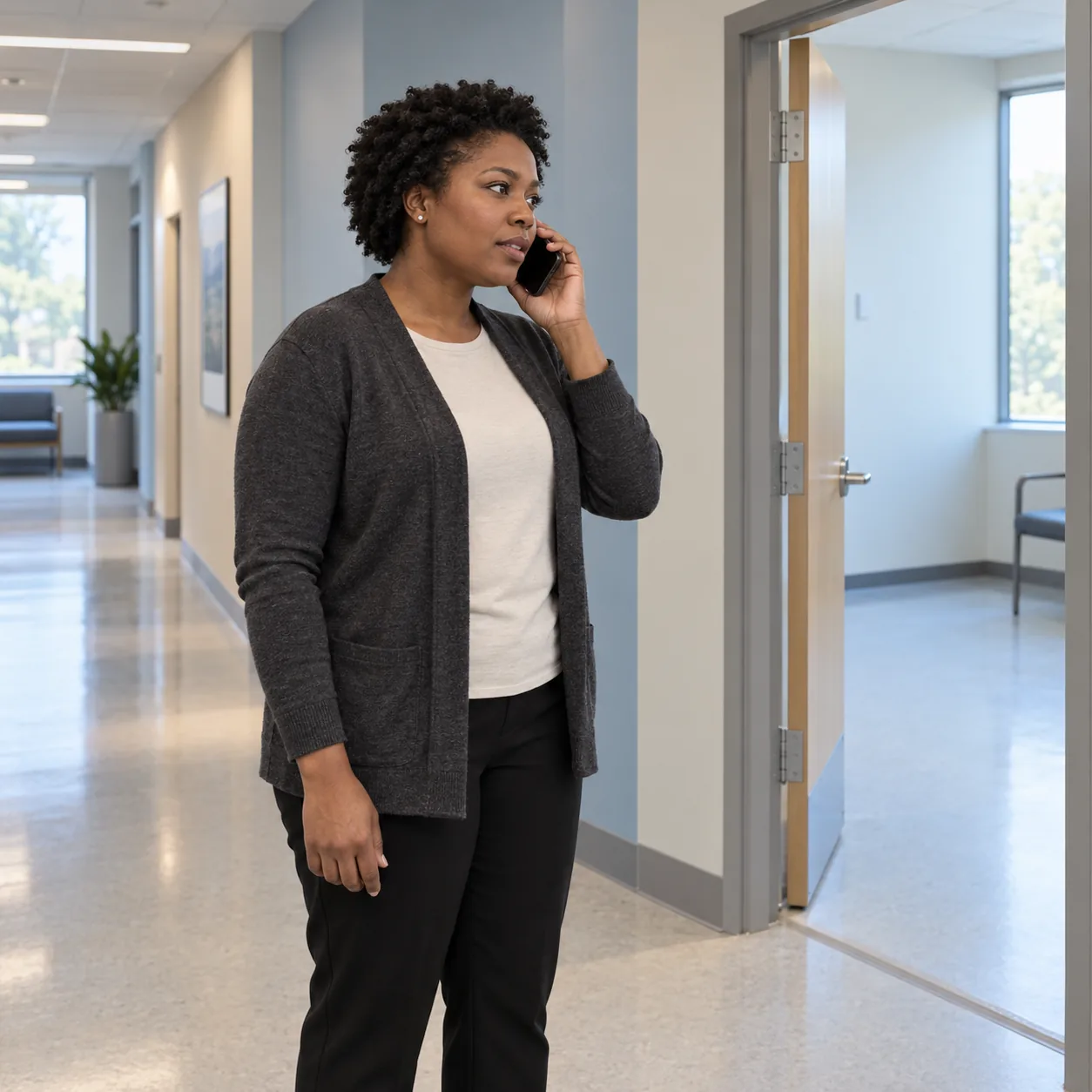 Woman speaking on a phone in a clinic corridor beside an open doorway to a sparsely furnished room.