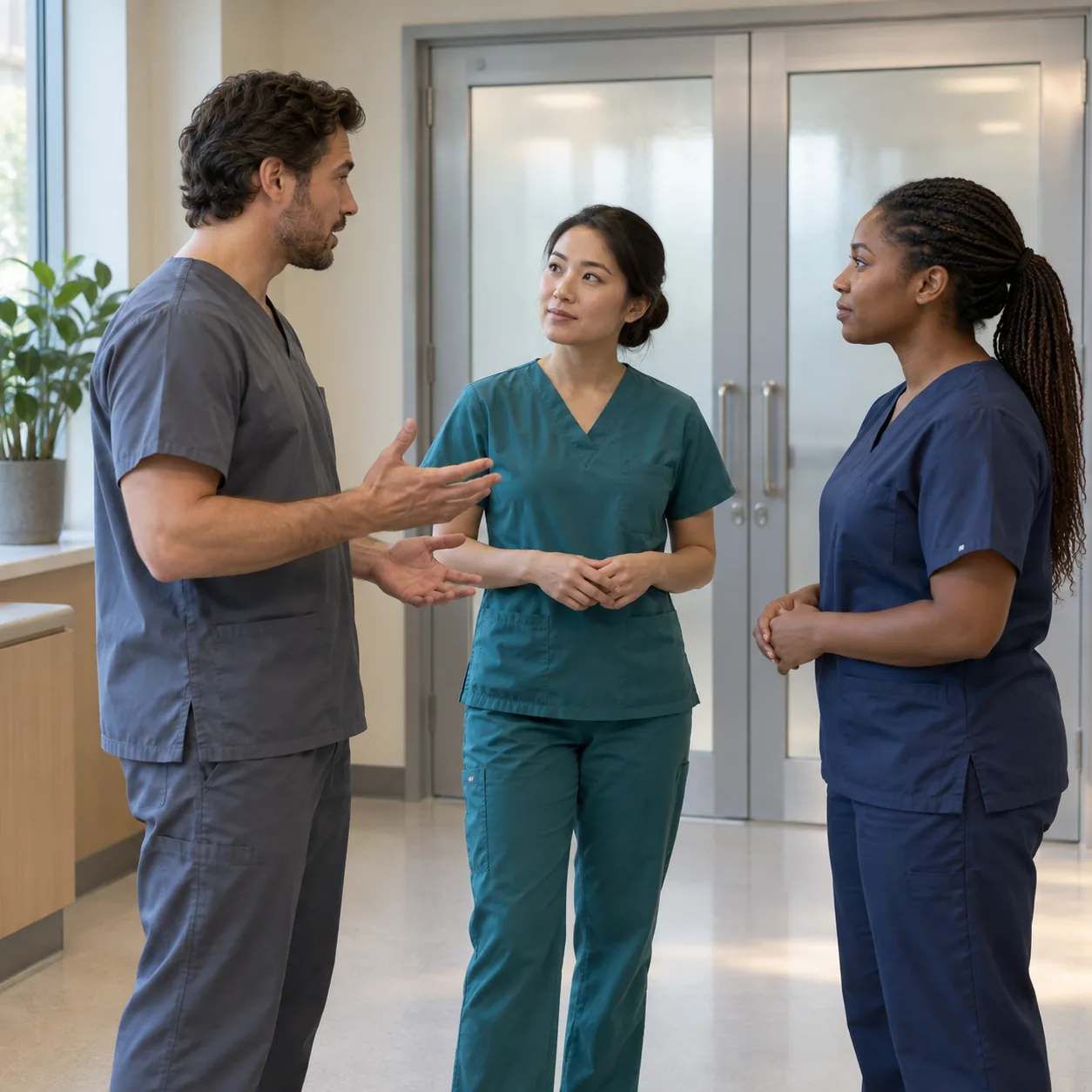Three adults in medical scrubs talking in a bright clinic corridor near frosted double doors.