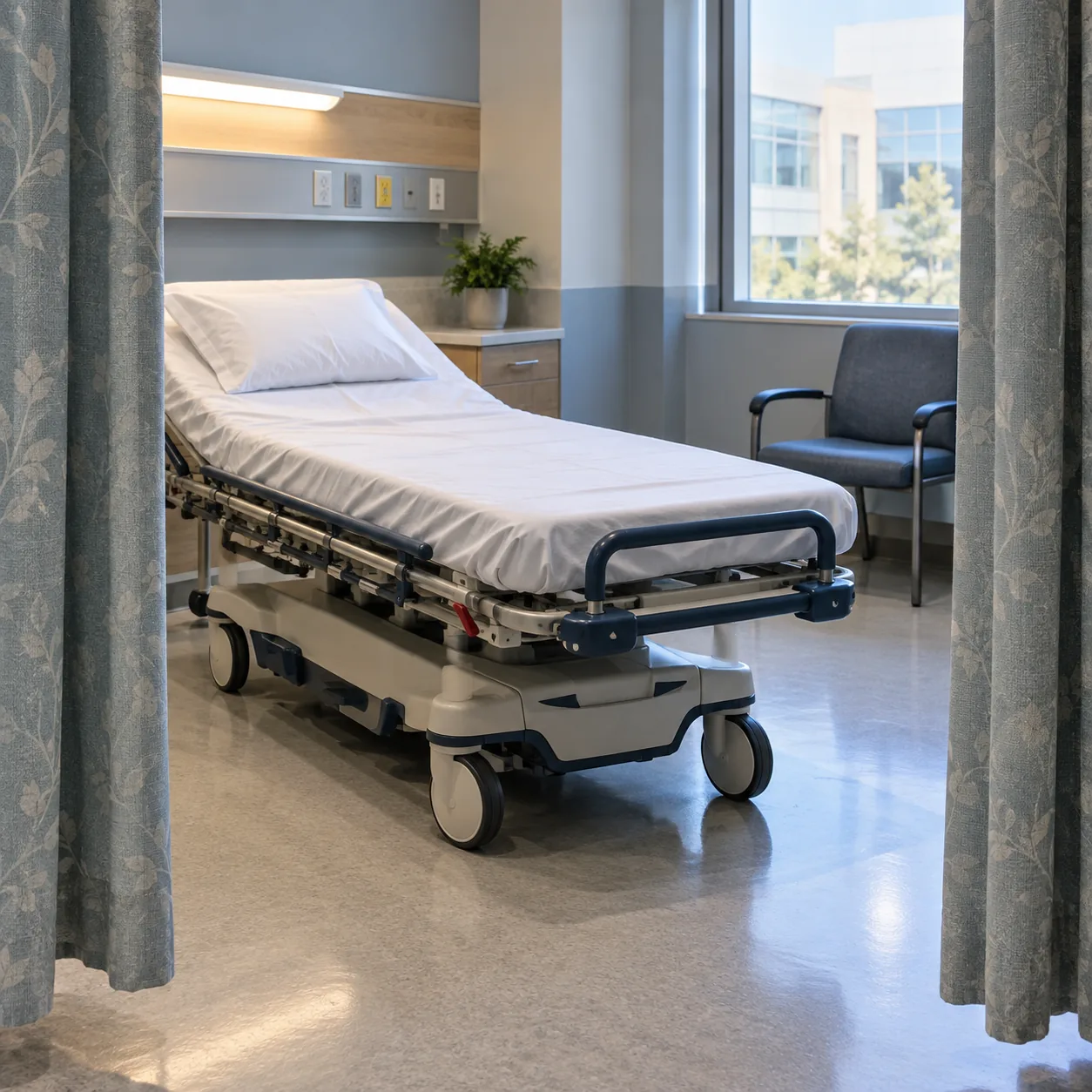 Empty clinical bay with a made wheeled bed, a chair, and patterned privacy curtains.