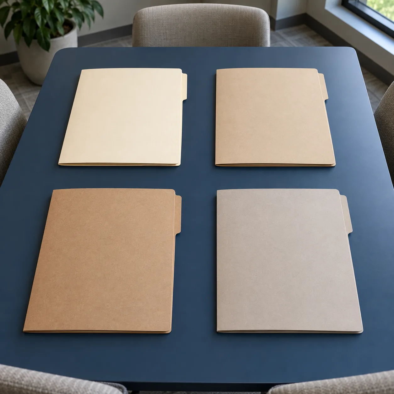 Four closed, unmarked folders arranged in two rows on a blue table.