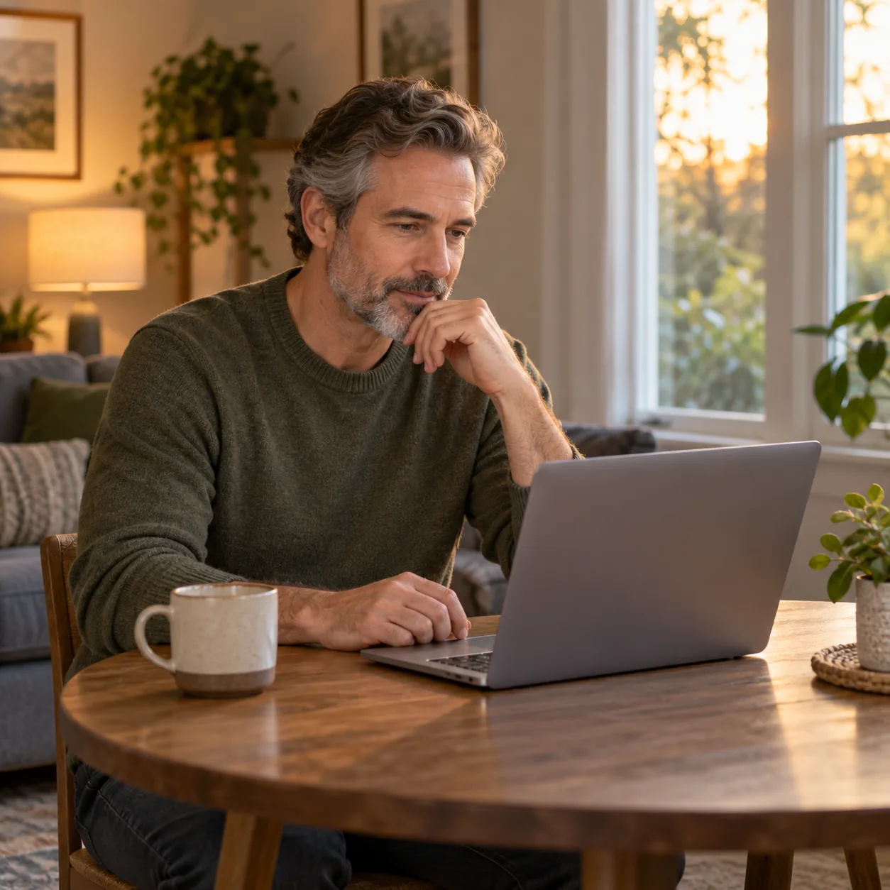 Man in an olive sweater sitting at a wooden table and looking toward the back of an open laptop in a sunlit room.