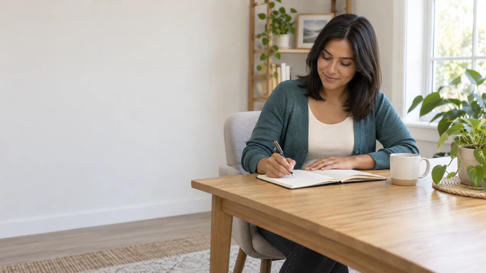 Desktop illustration: A fictional adult woman in a teal cardigan writes in a blank cream notebook at a wooden table beside a mug and houseplants. Mobile illustration: A fictional adult woman with short copper-red curls sits in a terracotta armchair holding a closed gray notebook and looking toward a window.