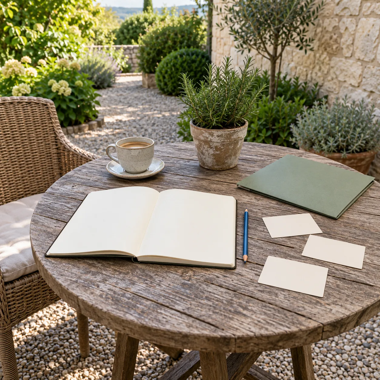 Blank cream notebook and three cards with a blue pencil, closed green folder, cup and potted plant on a wooden garden table.