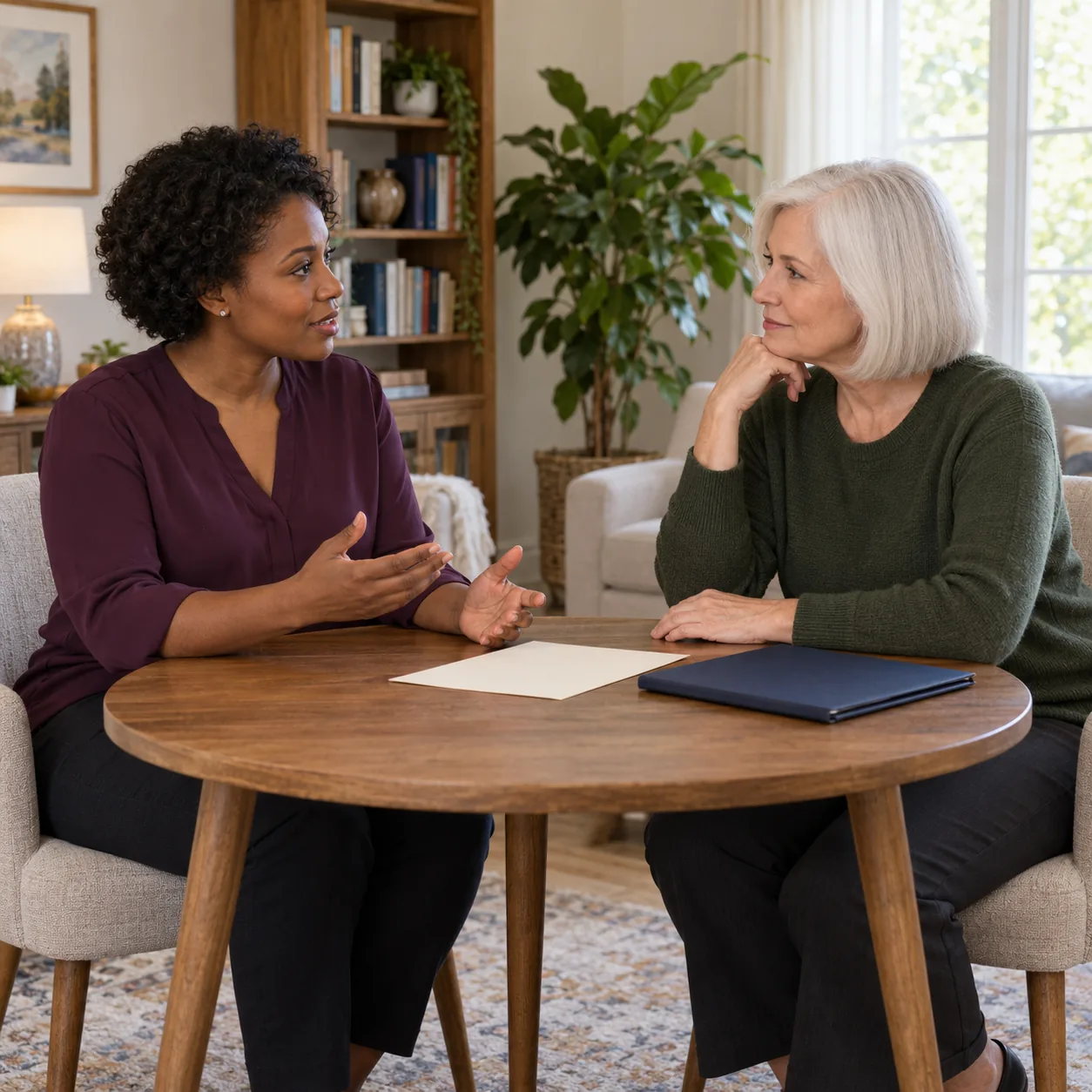 Two fictional adult women in plum and green tops converse across a wooden table with a blank cream sheet and closed navy folder.