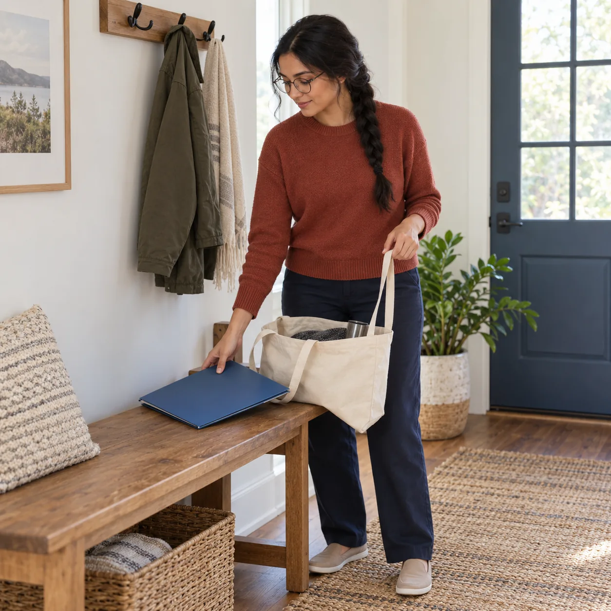 A fictional adult woman with a dark braid and glasses organizes a blue folder and canvas tote beside a wooden entryway bench.