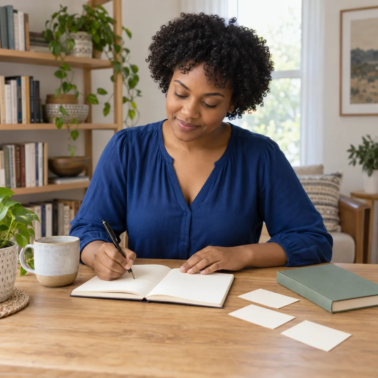 A fictional adult woman in a deep-blue blouse holds a pen above an open cream notebook beside three blank cards and a closed green book.