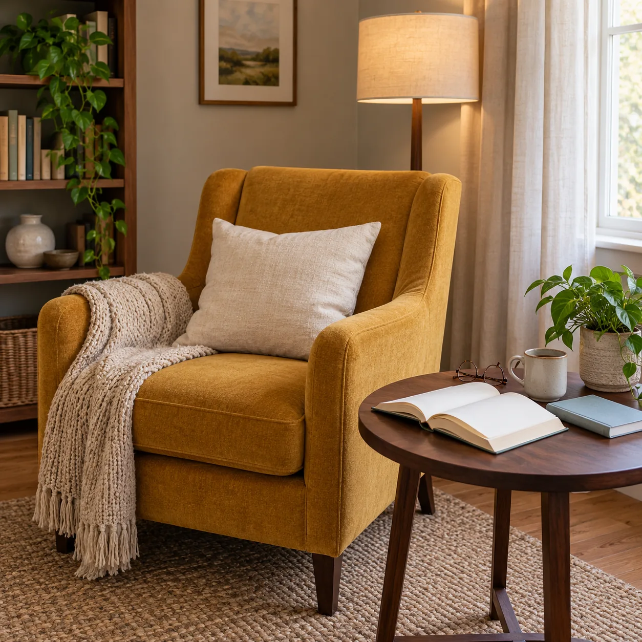 A mustard armchair with a cream cushion and knitted throw beside a wooden table holding a blank open book, glasses, notebook, mug and plant.