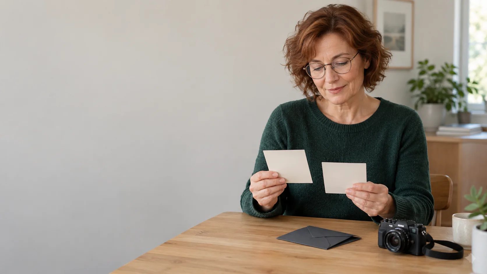 Fictional photographic-material scenes: a woman holding cream-backed cards, or plain cards beside a closed navy book and magnifying glass. No patient photographs or clinical results are shown.