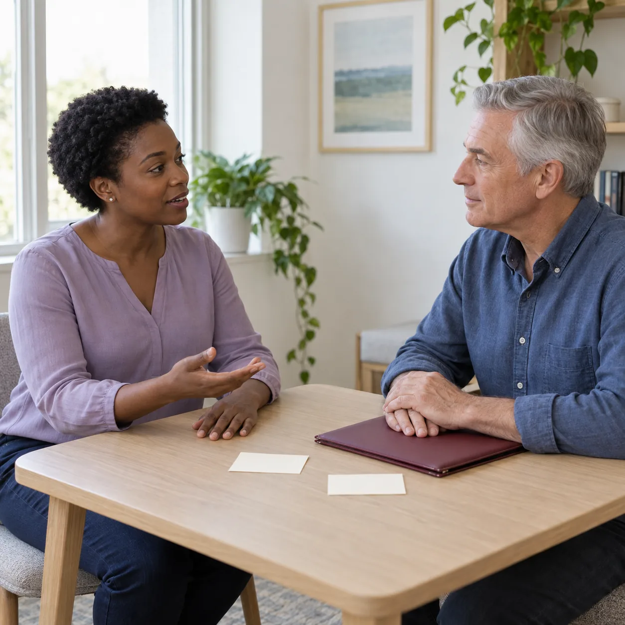 Two adults converse at a wooden table; a woman gestures with an open hand while a man rests overlapping hands on a closed burgundy folder beside two plain cream cards.