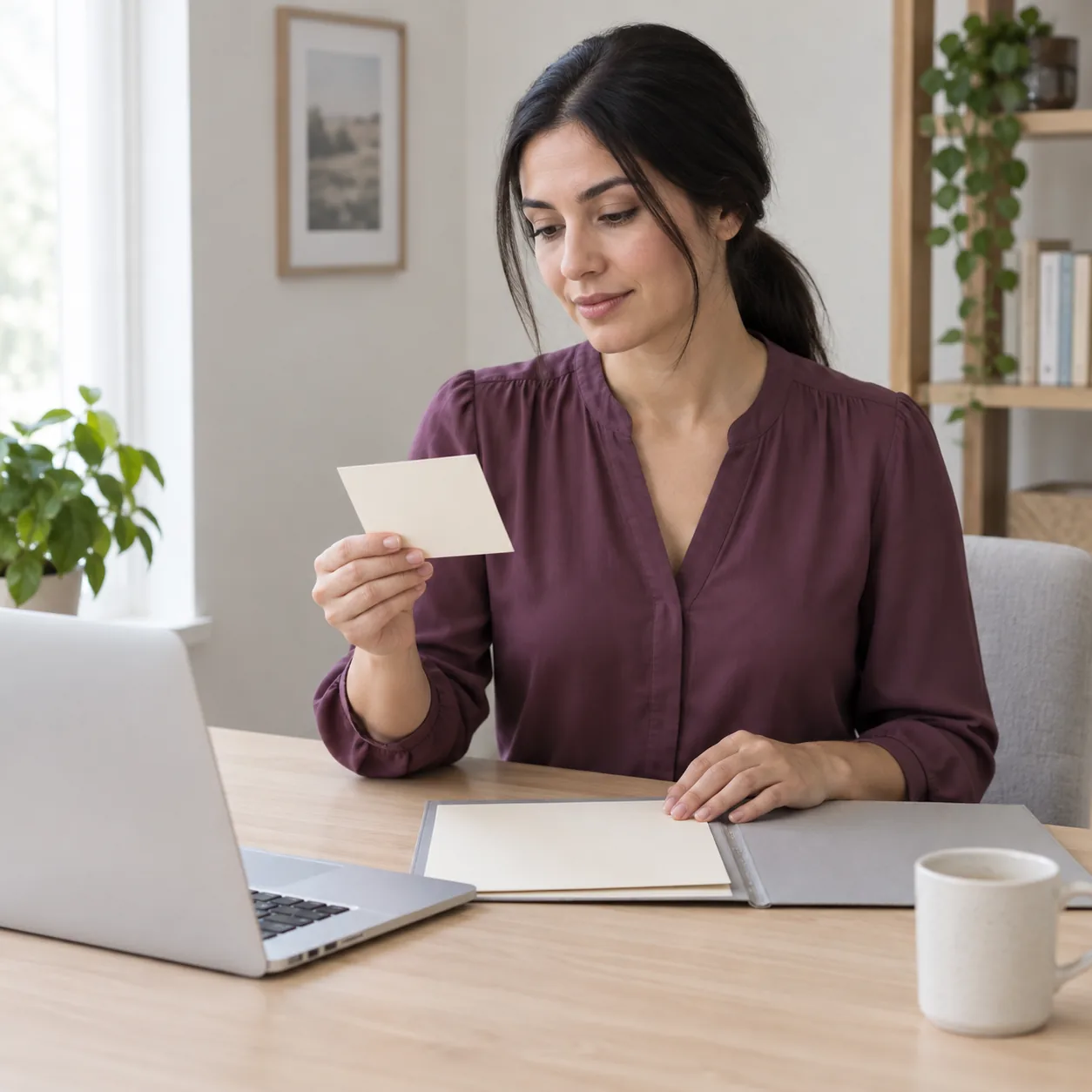 A woman in a plum blouse looks toward a plain cream card held in one hand; her other hand rests at an open gray folder beside a laptop and a mug on a wooden desk.