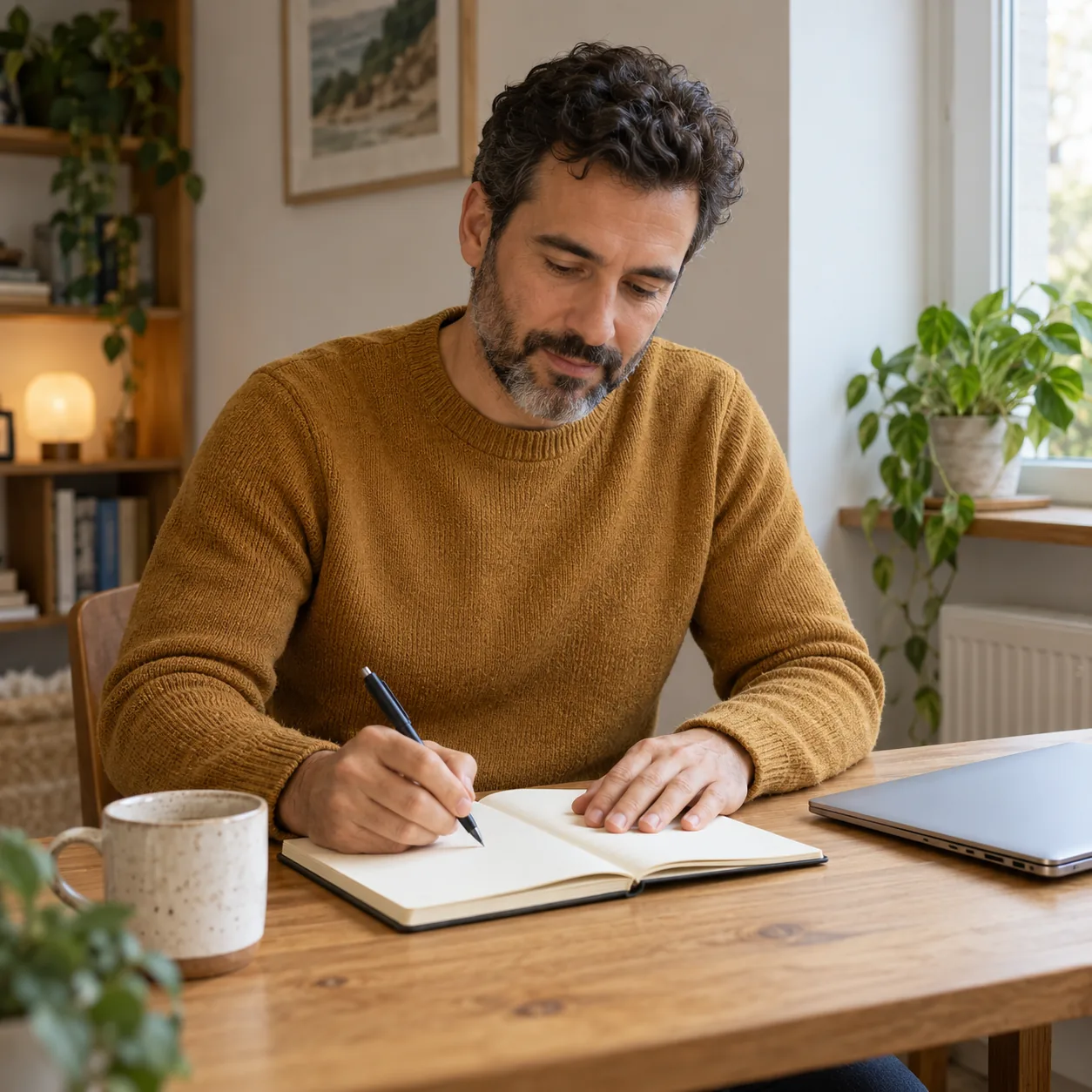 A man with dark curly hair and a beard, wearing an ochre sweater, writes in an open notebook at a wooden table beside a closed silver laptop, ceramic mug and plants.