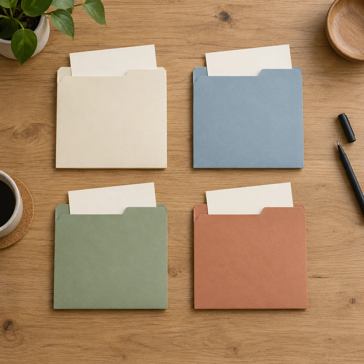 Four blank colored folders arranged evenly on a wooden desk.