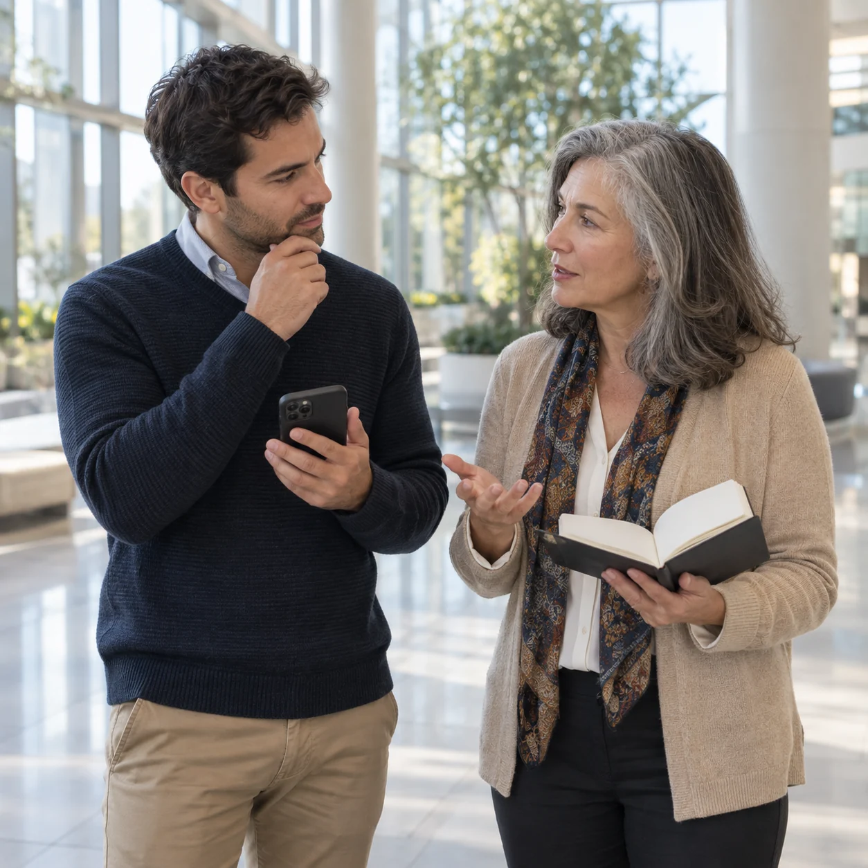 Two fictional adults discuss information in a sunlit public atrium while one holds a phone and the other a blank notebook.