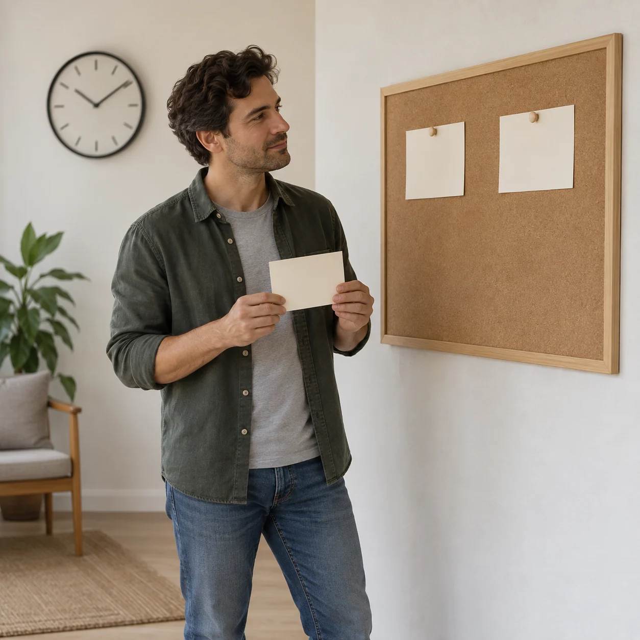 A fictional adult holds a blank card beside two blank notes on a board and a wall clock.
