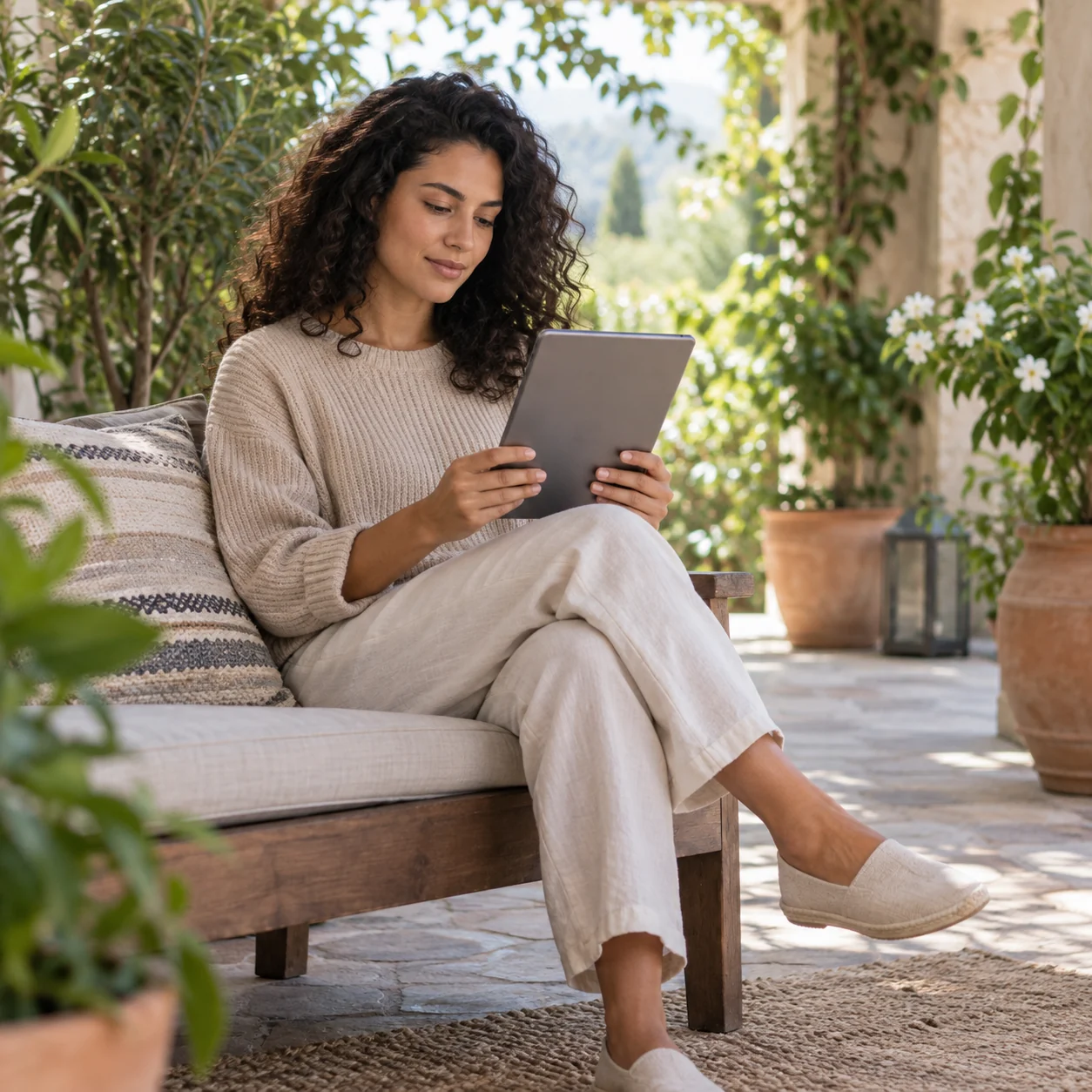 A fictional adult studies independently with a tablet on a terrace; the screen is not visible.