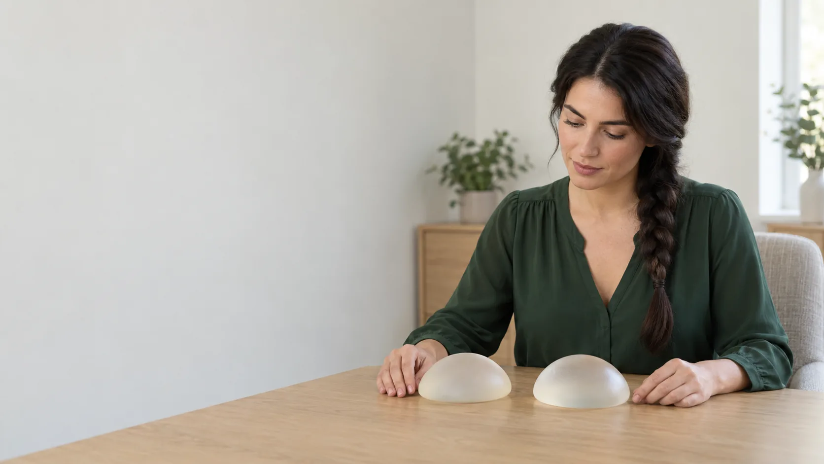 Fictional room scenes: An adult woman with a dark braid and green blouse looking at two translucent rounded models on a wooden table, with a pale wall to the left. An adult woman with short dark-and-gray curls and a navy blouse sitting in a gray chair, holding a closed ochre folder, with a pale wall above.