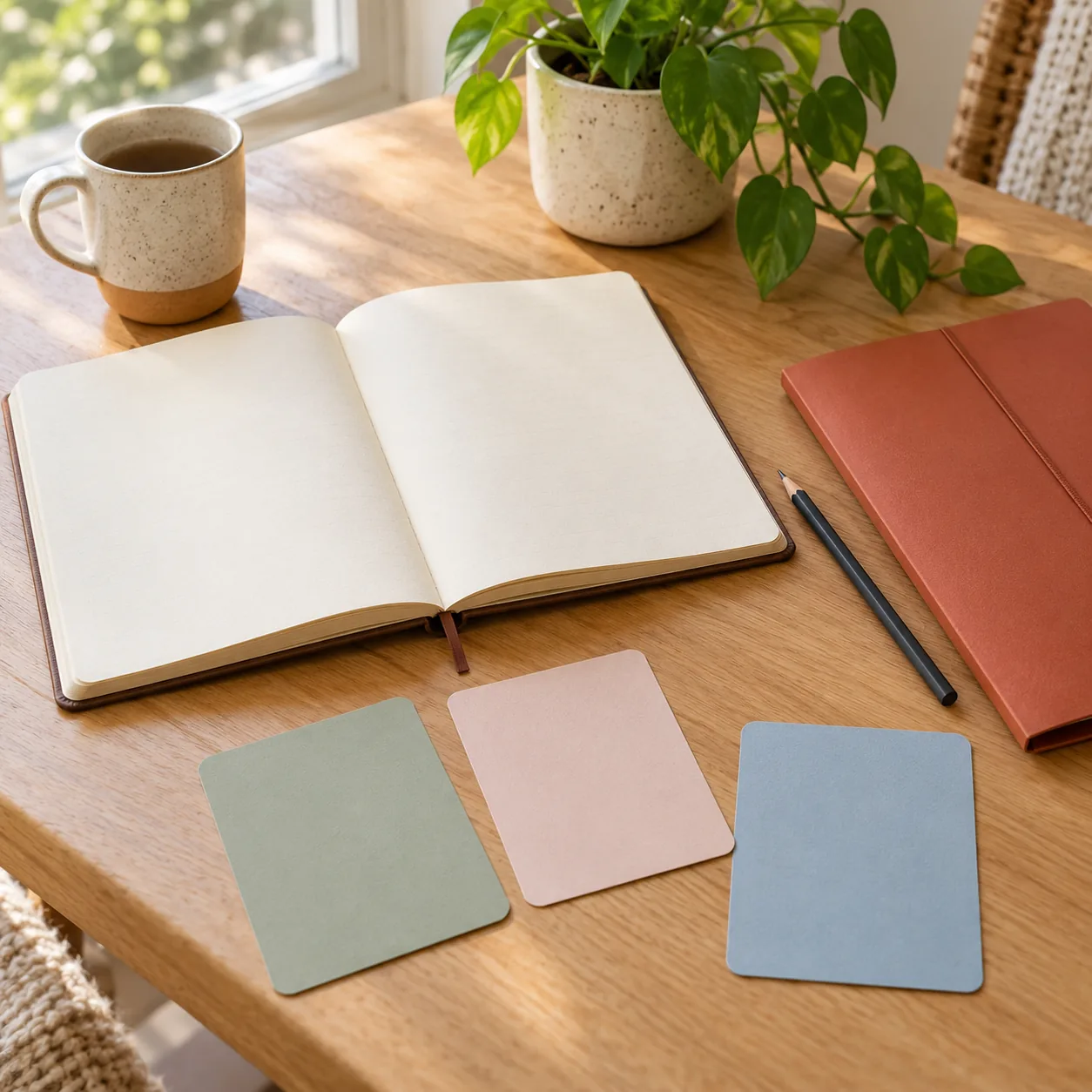 An open blank notebook, three muted-color cards and a dark pencil on a wooden table beside a partly visible terracotta folder, mug and leafy plant.