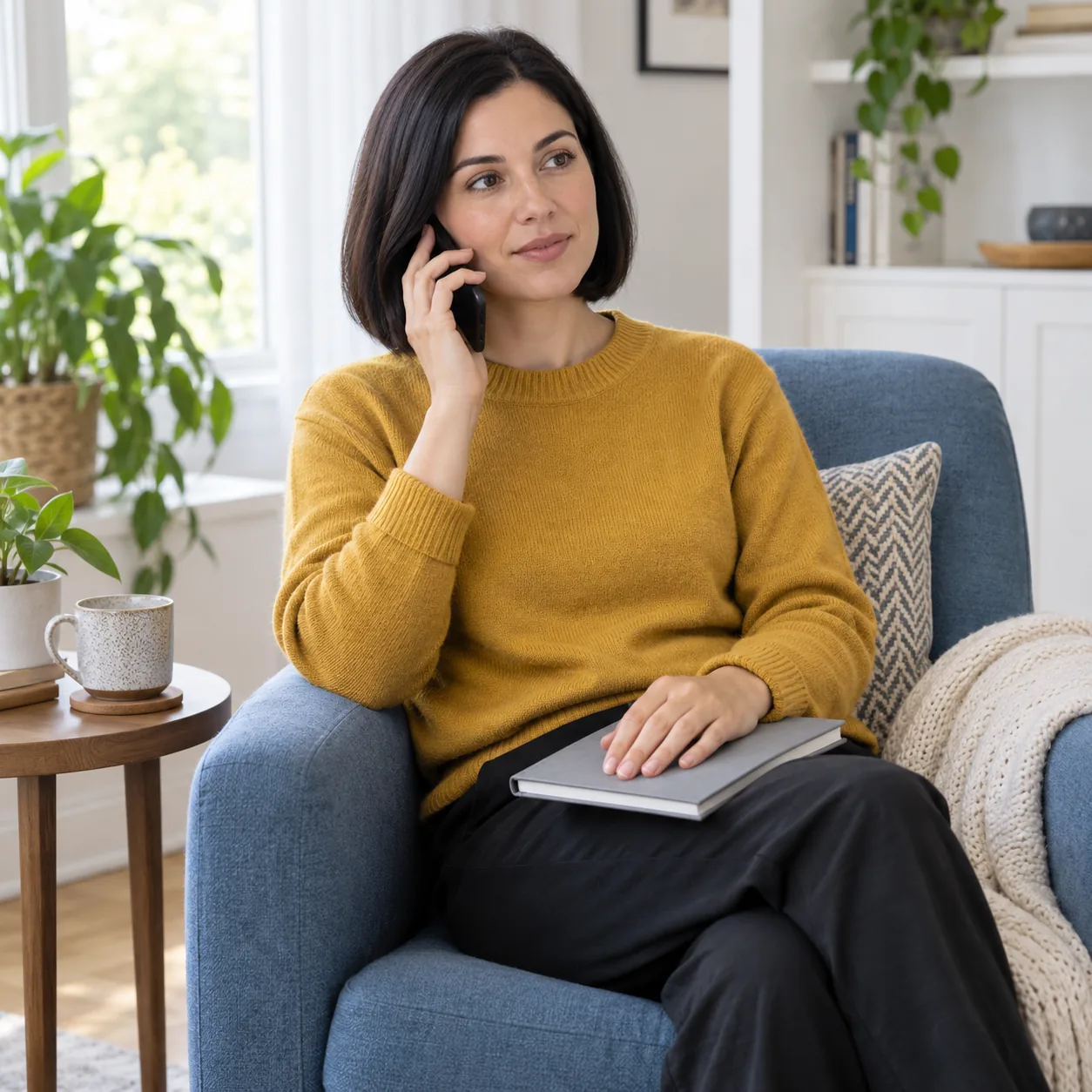 Woman with a short black bob and mustard sweater holding a black phone to one ear in a blue armchair, with her other hand resting on a closed gray book on her lap.