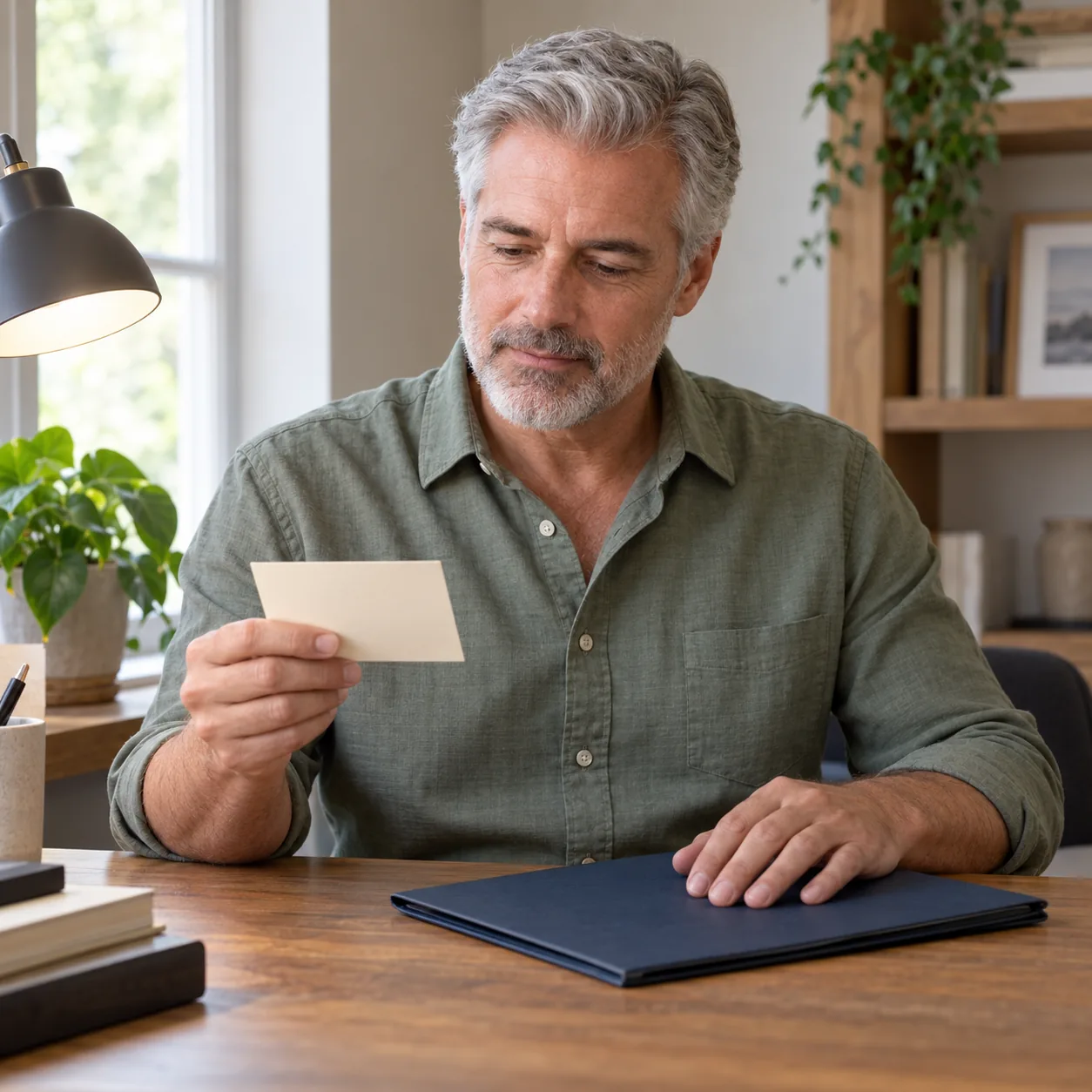 Silver-haired man in a sage-green shirt looking down at a plain cream card, with his other hand resting on a closed navy folder at a wooden home desk.