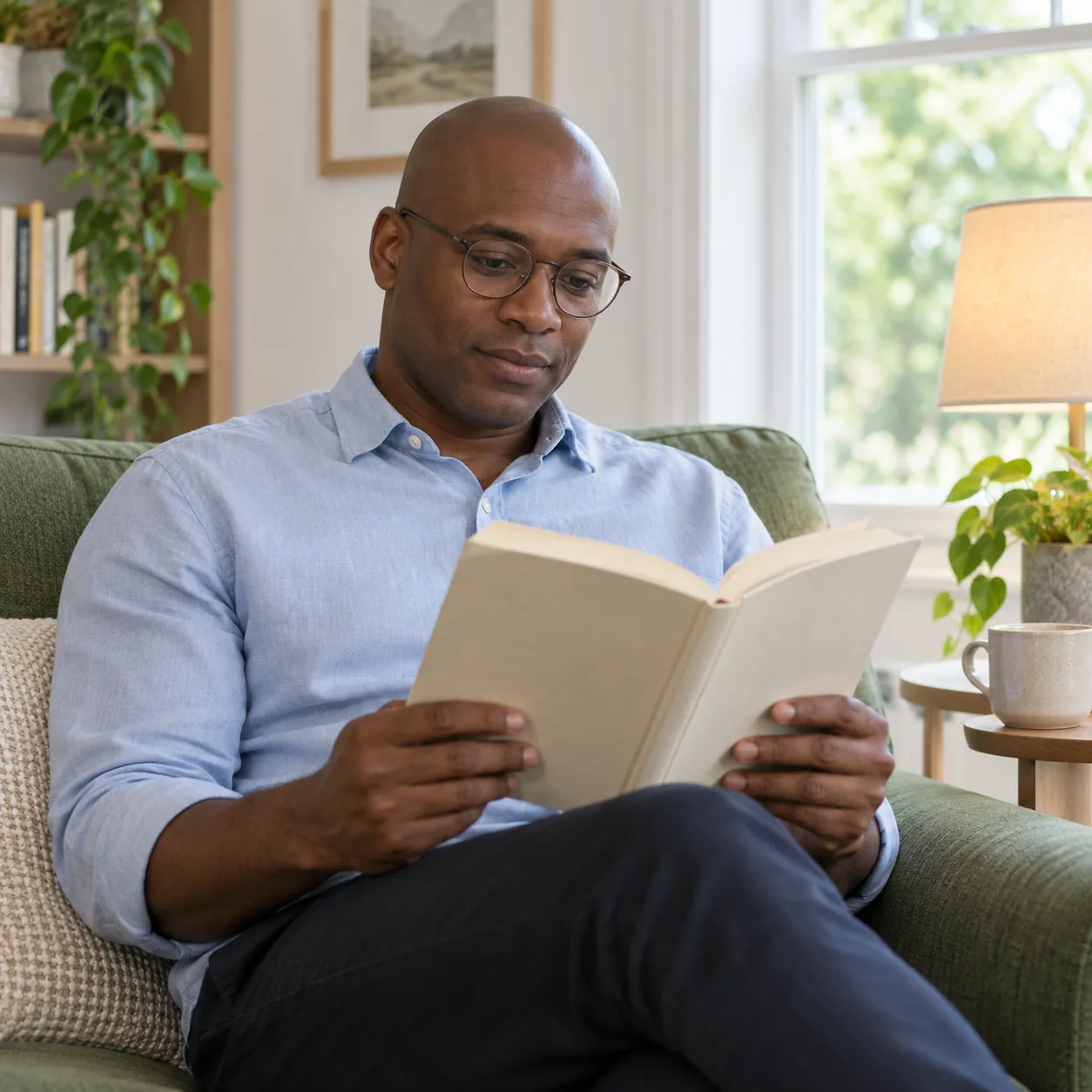 Man with a shaved head and round glasses, wearing a pale-blue shirt and holding an open cream book with both hands on a green sofa in a home reading nook.