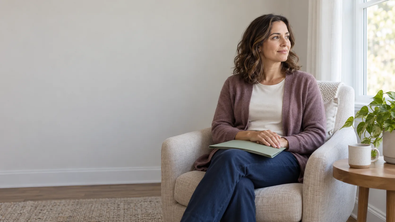 Desktop illustration: A woman in an armchair beside a window, with both hands resting on a closed green folder and a plain wall to the left. Mobile illustration: A woman at a wooden desk holding a pen over an open notebook, with a mug, plants and window nearby beneath a plain wall.