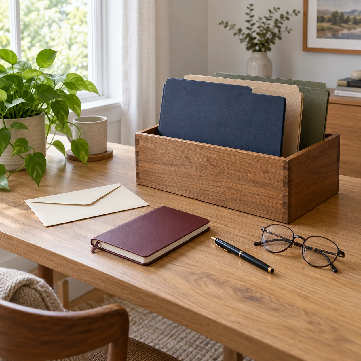 Three plain folders in a wooden box on a desk, beside an envelope, closed notebook, pen and glasses.
