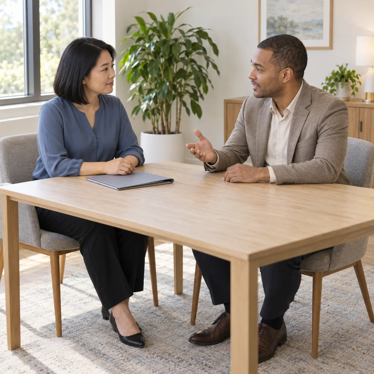 A woman and a man seated across a wooden table with a closed gray folder; the man gestures with one hand.