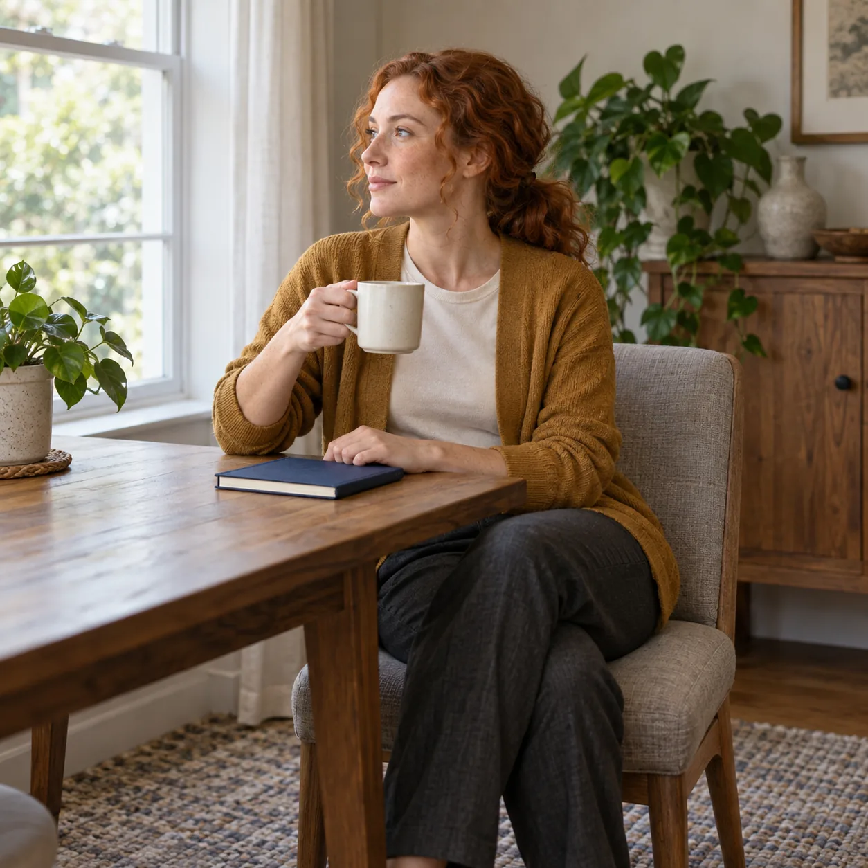 A woman seated beside a window, holding a cream mug at a wooden table with a closed navy notebook.