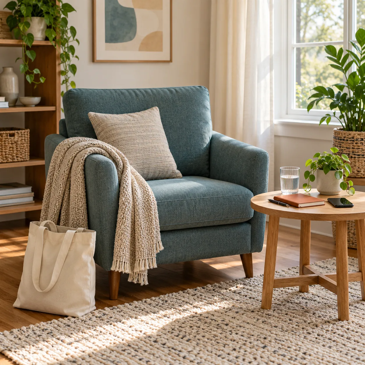 An empty teal armchair with a knitted throw beside a table holding a water glass, notebook, pen and phone, with a canvas tote nearby.