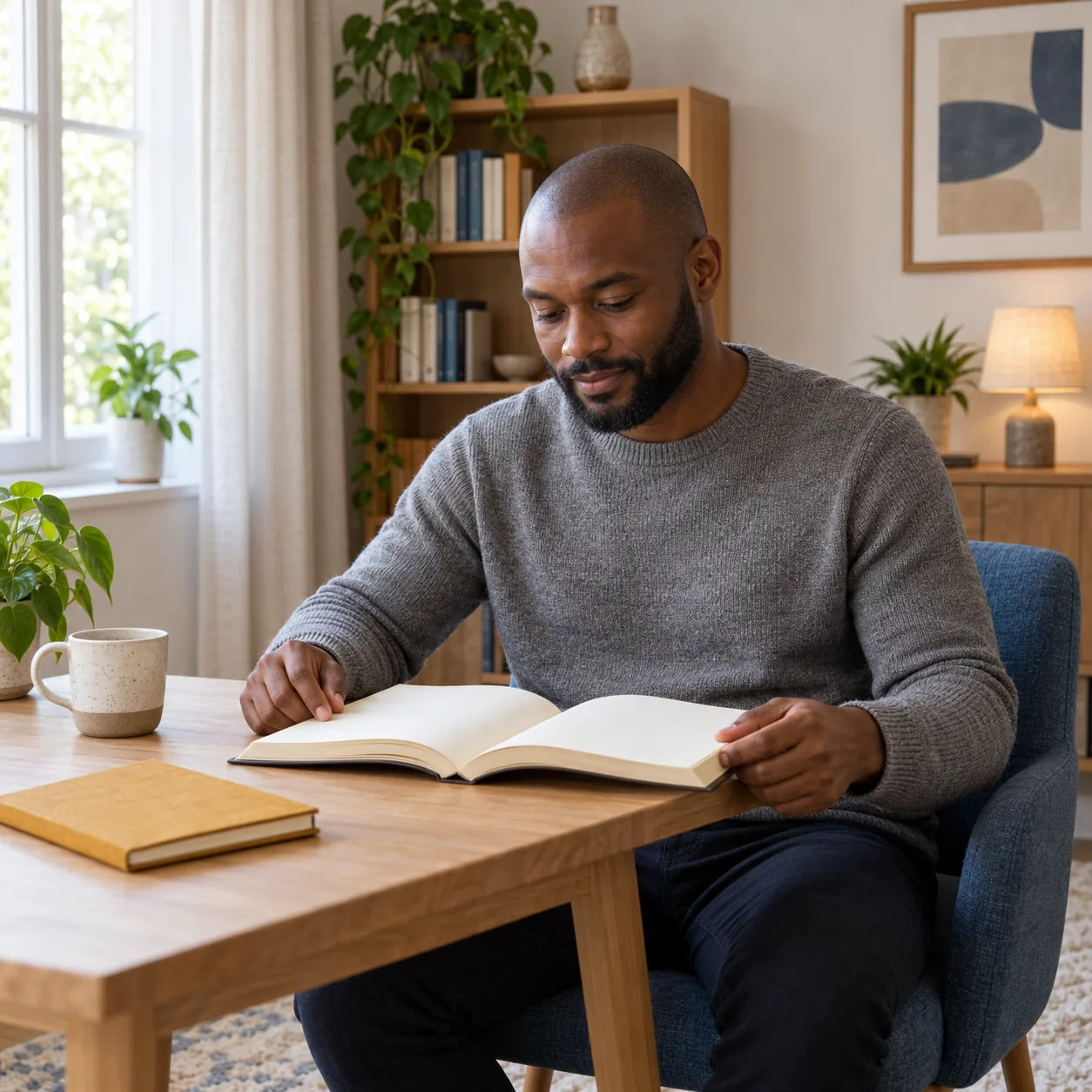 A man at a wooden table looking toward an open plain book, with a mug and closed notebook nearby.