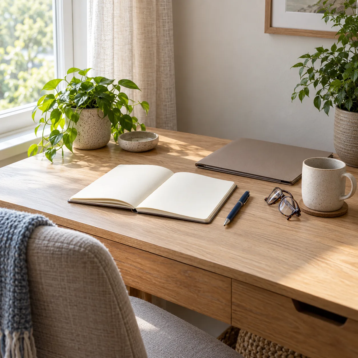 An open blank notebook, blue pen, closed taupe folder, folded glasses and ceramic mug on a wooden desk beside a window and plants.