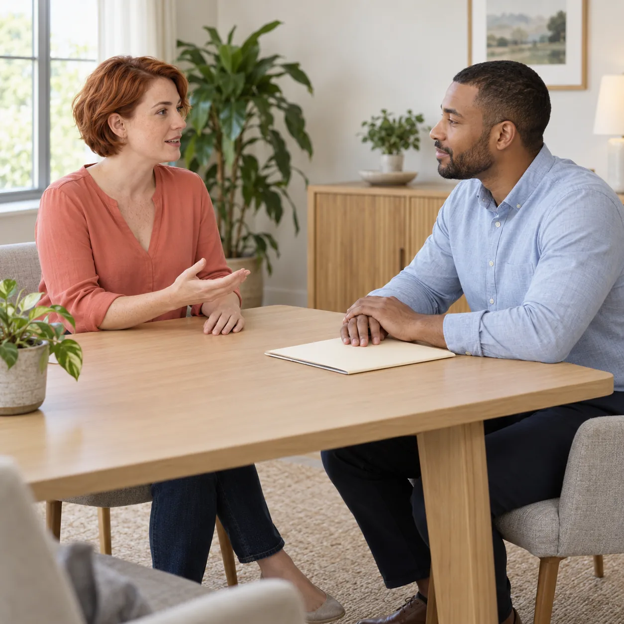 A woman gesturing across a wooden table toward a man whose hands rest near a closed cream folder in a bright room.