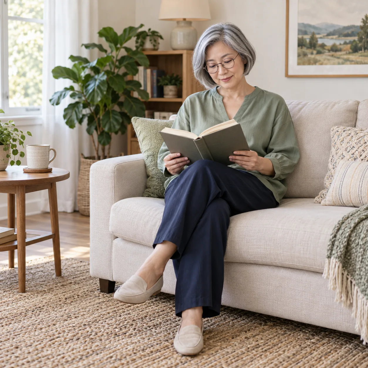 A woman with silver-gray hair and round glasses seated on a cream sofa, holding an open plain book with both hands above crossed legs.