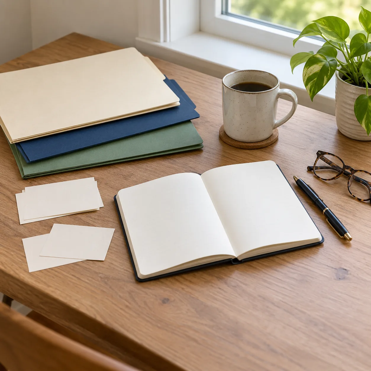 Closed cream, navy and green folders, blank cards, an open notebook, pen and glasses on a wooden desk beside a mug, plant and window.