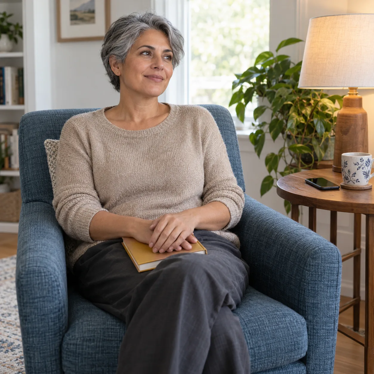 A woman seated in a blue armchair with both hands on a closed ochre notebook beside a side table with a phone, patterned mug and lamp.