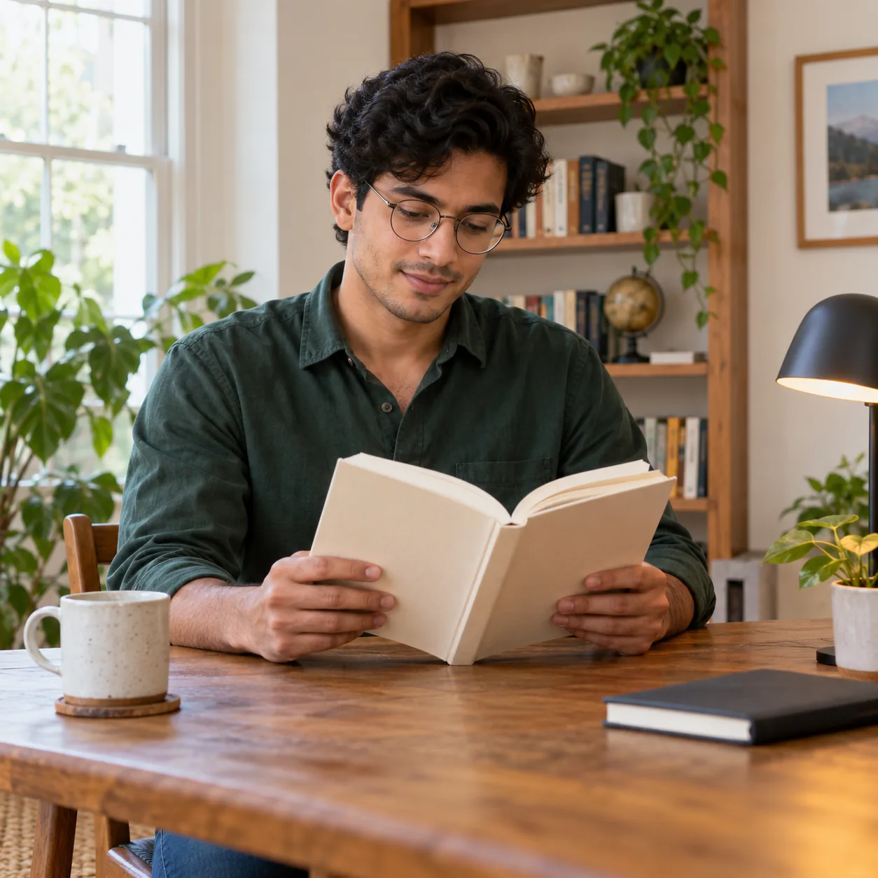 A man in round glasses holding an open cream book with both hands at a wooden home table beside a mug, closed dark notebook and desk lamp.