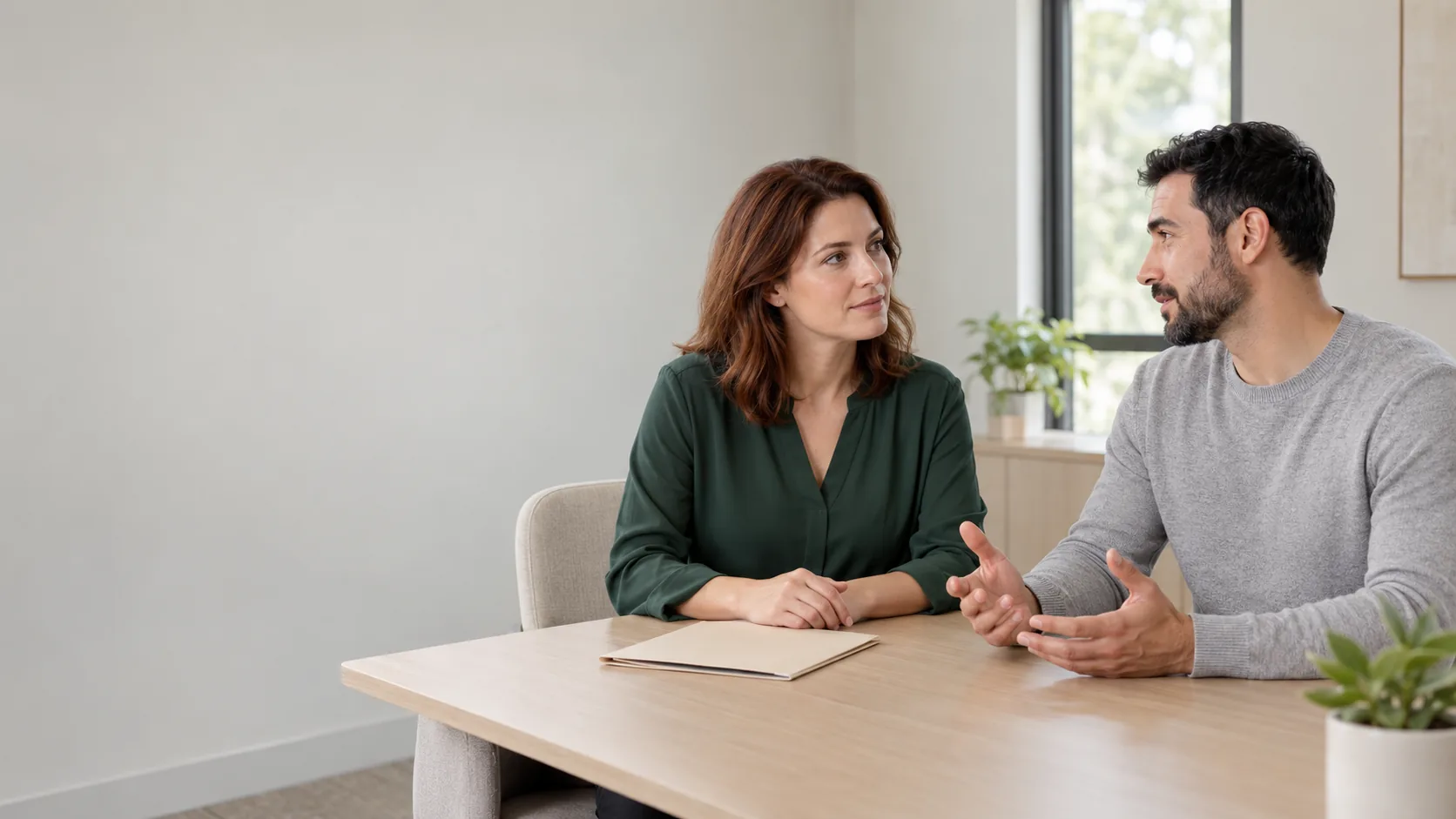 Desktop illustration: A woman in a forest-green blouse and a man in a gray shirt talking across a wooden table beside a closed beige folder, with pale wall space on the left. Mobile illustration: A woman with black curls in a blue-gray shirt sitting beside a daylight window, with both hands resting over a closed navy folder in her lap.